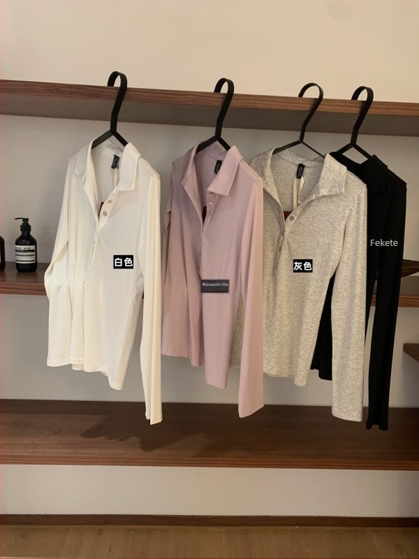Női hosszú ujjú T-shirt polo gallérrel, 95% poliészter, elegáns városi stílus