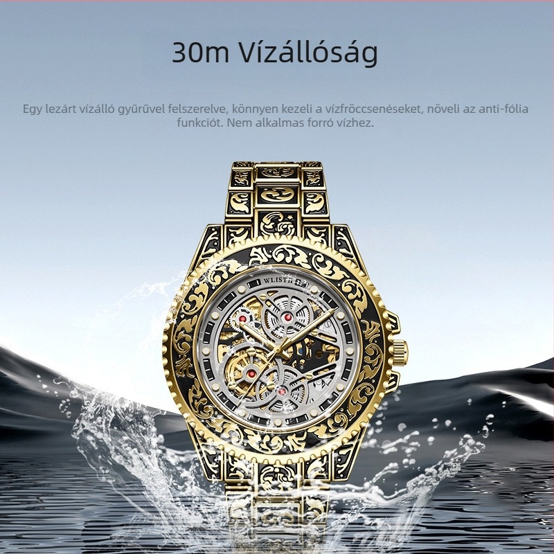 Férfi automata mechanikus óra világító számlappal, analóg kijelző, 10 m vízállóság, ötvözet tokkal