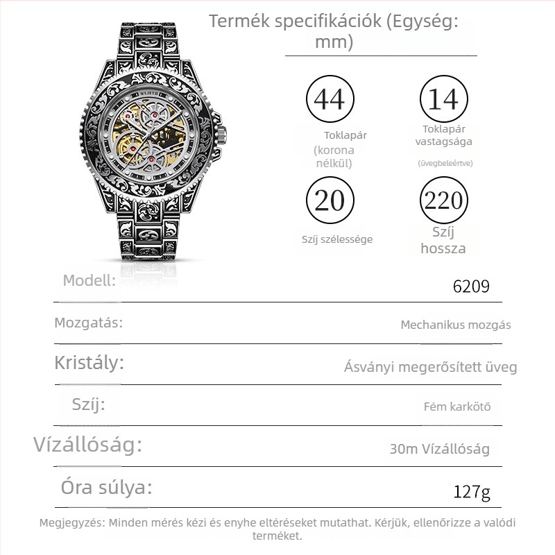 Férfi automata mechanikus óra világító számlappal, analóg kijelző, 10 m vízállóság, ötvözet tokkal