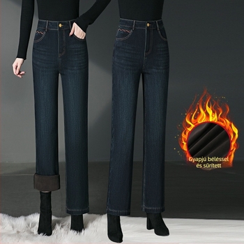 2082 Fleece-sel bélelt egyenes szárú farmernadrág téli viseletre, kis magasságú és középkorú nőknek, pamut-elasztán denim hímzéssel