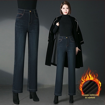 2082 Fleece-sel bélelt egyenes szárú farmernadrág téli viseletre, kis magasságú és középkorú nőknek, pamut-elasztán denim hímzéssel