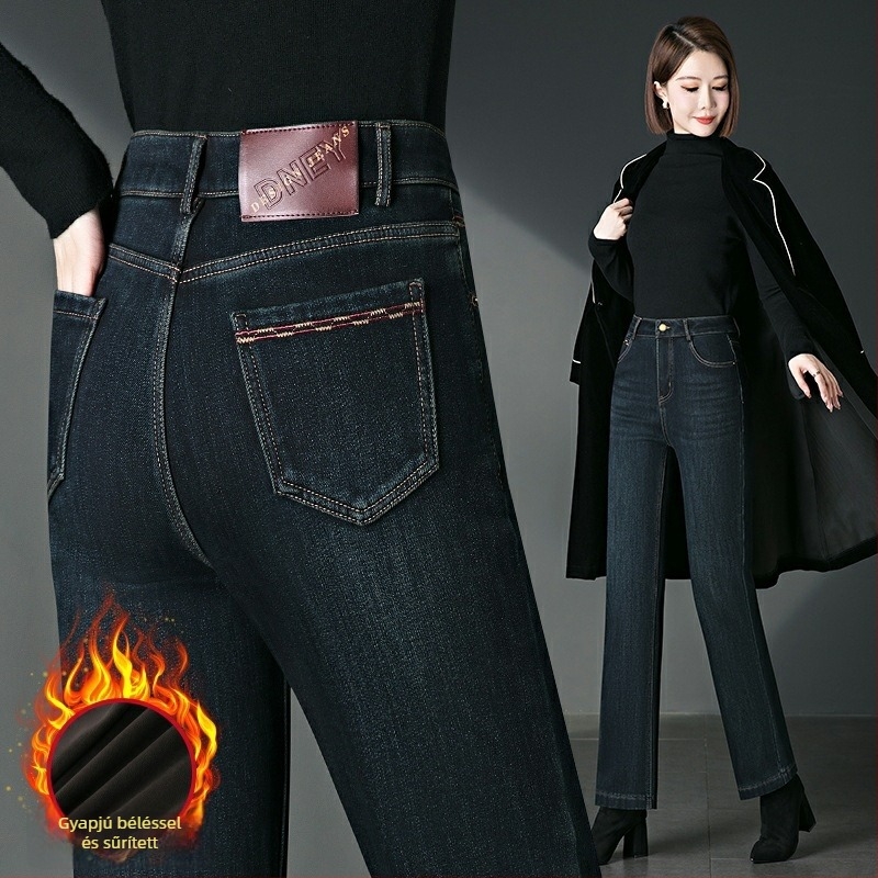 2082 Fleece-sel bélelt egyenes szárú farmernadrág téli viseletre, kis magasságú és középkorú nőknek, pamut-elasztán denim hímzéssel