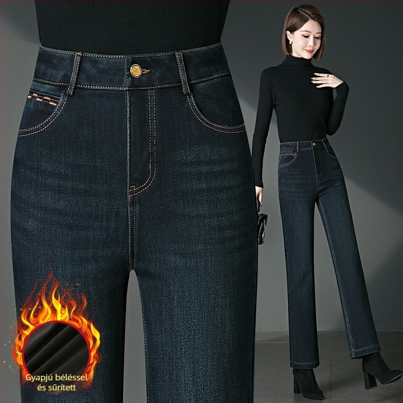 2082 Fleece-sel bélelt egyenes szárú farmernadrág téli viseletre, kis magasságú és középkorú nőknek, pamut-elasztán denim hímzéssel