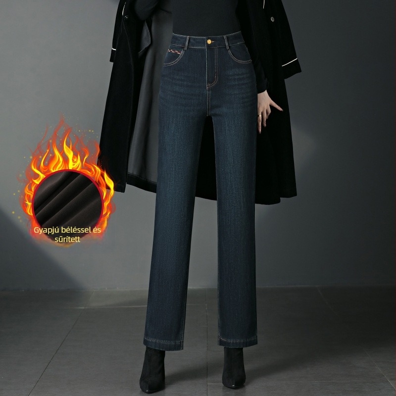 2082 Fleece-sel bélelt egyenes szárú farmernadrág téli viseletre, kis magasságú és középkorú nőknek, pamut-elasztán denim hímzéssel
