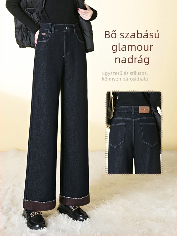 Farmernadrág széles szabású, magas derék, polár bélés, denim-poliészter keverék, téli 2025