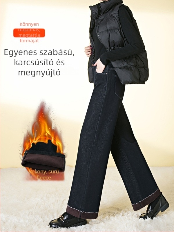 Farmernadrág széles szabású, magas derék, polár bélés, denim-poliészter keverék, téli 2025