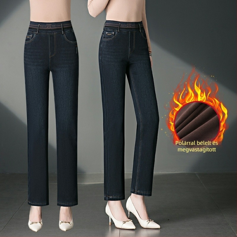 Téli fleece-béléssel ellátott farmernadrág, vastag anyag, magas derék, egyenes szabás, középkorú és idősebb nők számára