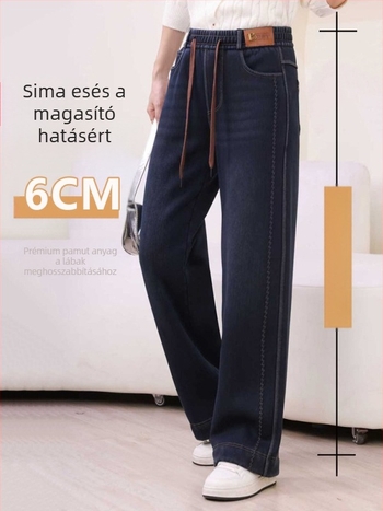 2025 téli vastag bélelt farmernadrág, mosott denim, hullám mintázatú textúra, széles szárú, kötőzsinórral, magas derék, egyenes szabás