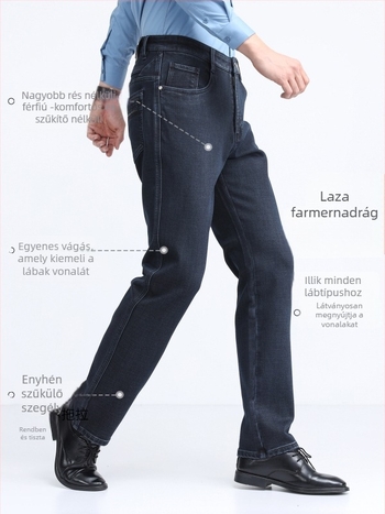 Férfi egyenes szabású farmernadrág, magas derék, vastag anyag, téli viselet, mosható