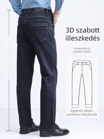 Férfi egyenes szabású farmernadrág, magas derék, vastag anyag, téli viselet, mosható