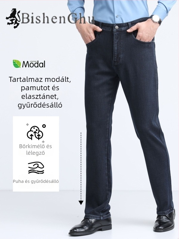 Férfi egyenes szabású farmernadrág, magas derék, vastag anyag, téli viselet, mosható