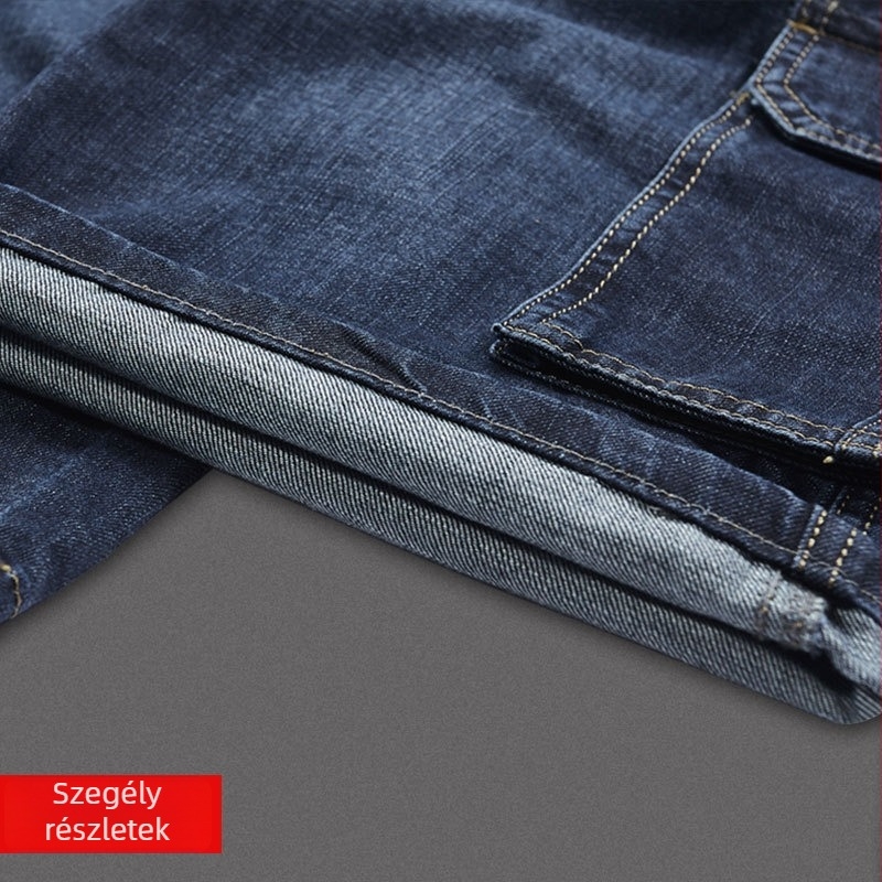 Férfi denim rövidnadrág több zsebbel (egyenes szabású, mosott, középmagas derék, középtávú hossz, pamut)
