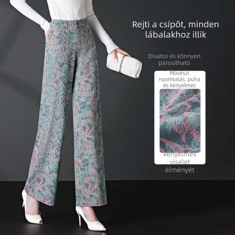 Női mintás széles lábú farmernadrág, magas derekú, mom-stílus, 2025 ősz