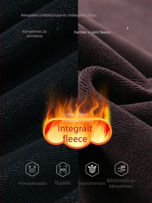 Női farmer fleece béléssel, pamut-stretch denimből, széles szárú, magas derekú, mikro-elasticitás, téli 2025