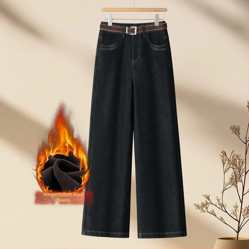 Női farmer fleece béléssel, pamut-stretch denimből, széles szárú, magas derekú, mikro-elasticitás, téli 2025