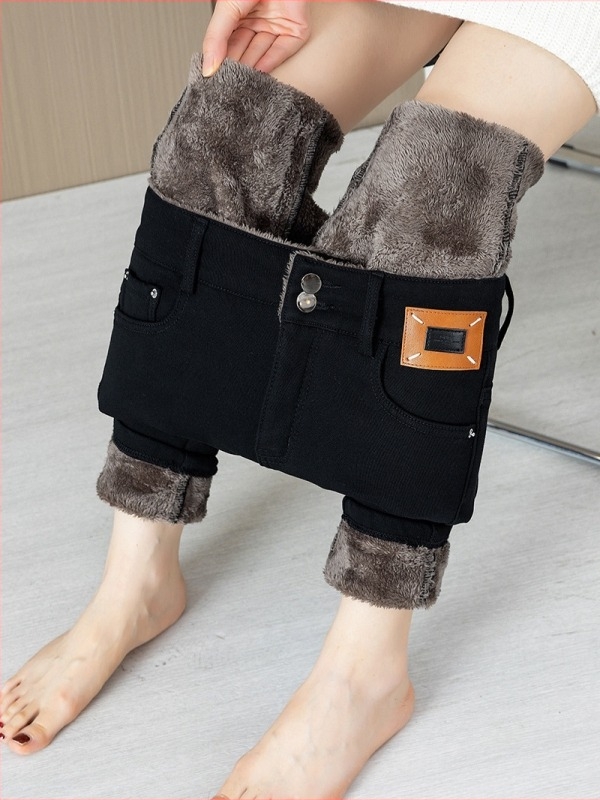 Középkorú anyák számára magas derekú, karcsúsító farmer, fleece-betétes, vastag és meleg, rugalmas, szűk fazonú
