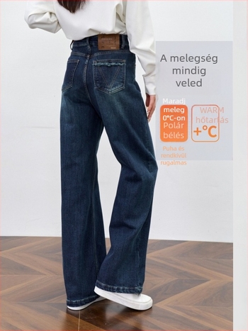 Női farmernadrág, széles szárú, magas derekú, kék, fleece béléssel, téli kollekció 2025