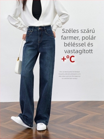 Női farmernadrág, széles szárú, magas derekú, kék, fleece béléssel, téli kollekció 2025