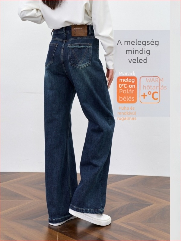 Női farmernadrág, széles szárú, magas derekú, kék, fleece béléssel, téli kollekció 2025