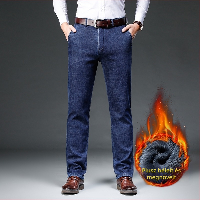 Férfiaknak magas derekú farmer nadrág fleece-betéttel, egyenes szabású, téli viselet, pamut-keverék