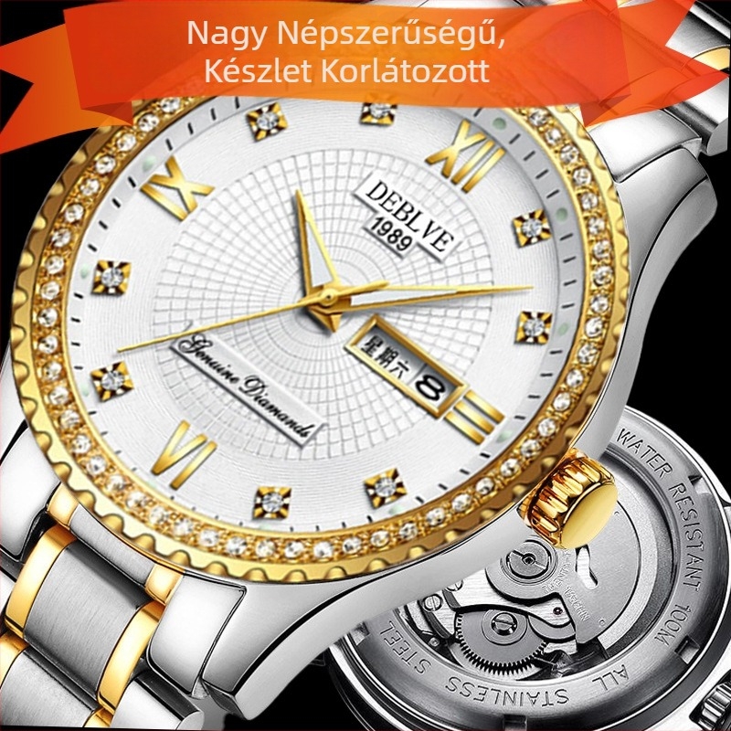 Férfi csontváz karóra átlátszó hátlappal, 41 mm-es számlap, SP mozgatás, lumineszcens, naptár és hét kijelző, rozsdamentes acél szíj pillangó csattal