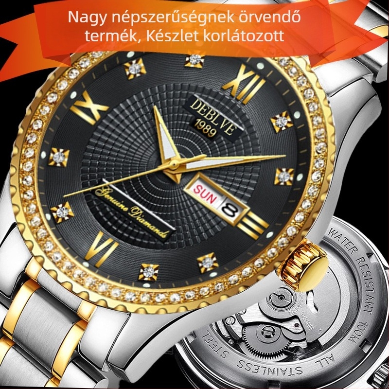 Férfi csontváz karóra átlátszó hátlappal, 41 mm-es számlap, SP mozgatás, lumineszcens, naptár és hét kijelző, rozsdamentes acél szíj pillangó csattal