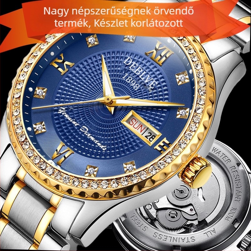 Férfi csontváz karóra átlátszó hátlappal, 41 mm-es számlap, SP mozgatás, lumineszcens, naptár és hét kijelző, rozsdamentes acél szíj pillangó csattal