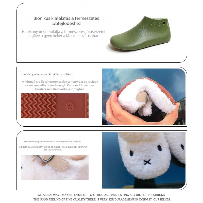 Gyerekeknek készült téli plüss cipő Mifi nyuszi mintával, Velcro-záródás, fleece bélés, csúszásmentes talppal