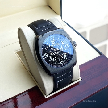 Skone férfi skeletmechanikus óra bőrszíjjal, Seagull hajtás, analóg kijelző, 30 m vízállóság