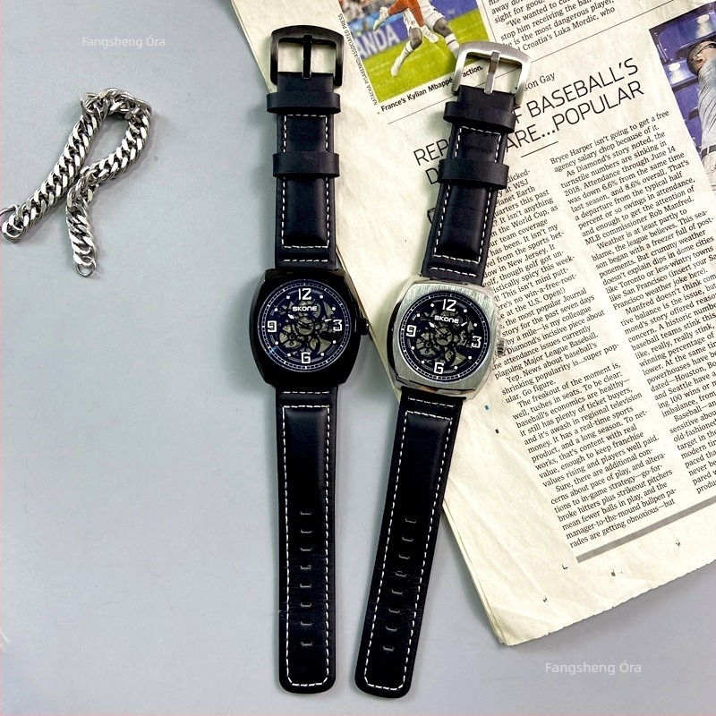 Skone férfi skeletmechanikus óra bőrszíjjal, Seagull hajtás, analóg kijelző, 30 m vízállóság