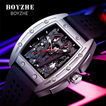 Boyzhe csontvázas Tourbillon automata mechanikus óra, átlátszó hátsó, 30 m vízálló, rozsdamentes acél szíj