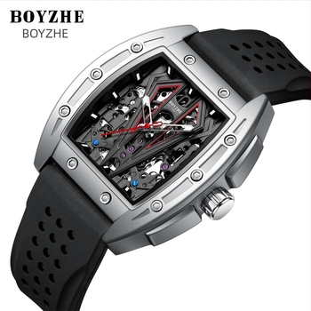 Boyzhe csontvázas Tourbillon automata mechanikus óra, átlátszó hátsó, 30 m vízálló, rozsdamentes acél szíj