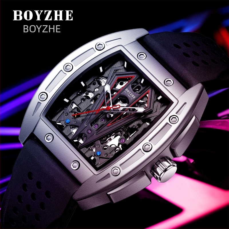 Boyzhe csontvázas Tourbillon automata mechanikus óra, átlátszó hátsó, 30 m vízálló, rozsdamentes acél szíj