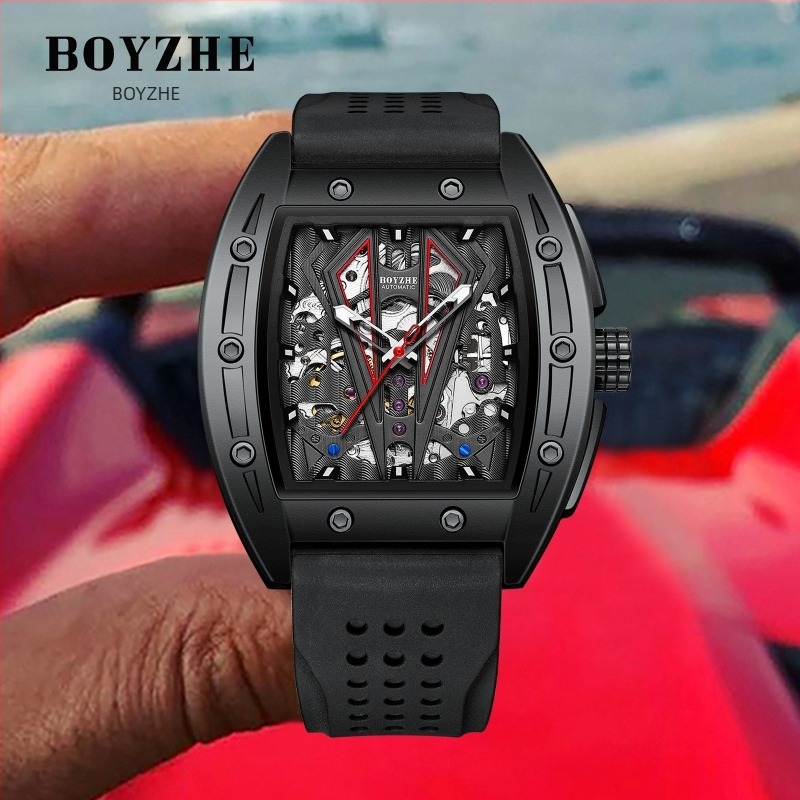 Boyzhe csontvázas Tourbillon automata mechanikus óra, átlátszó hátsó, 30 m vízálló, rozsdamentes acél szíj