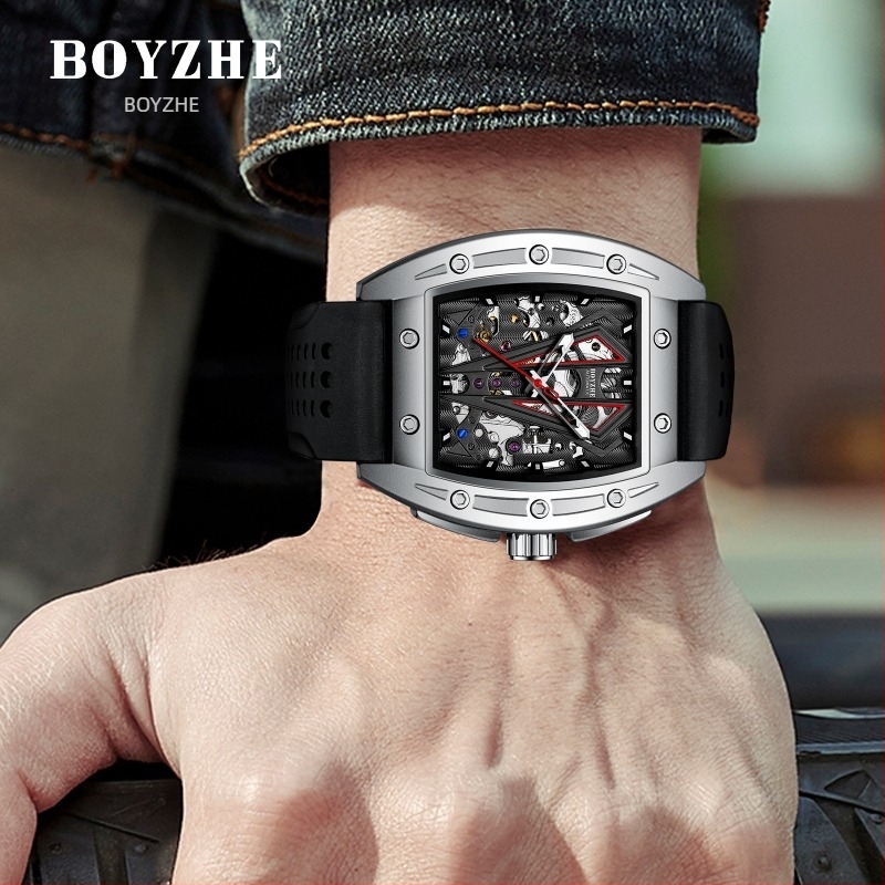 Boyzhe csontvázas Tourbillon automata mechanikus óra, átlátszó hátsó, 30 m vízálló, rozsdamentes acél szíj
