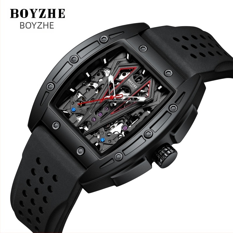 Boyzhe csontvázas Tourbillon automata mechanikus óra, átlátszó hátsó, 30 m vízálló, rozsdamentes acél szíj