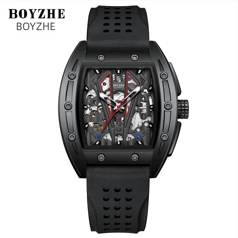 Boyzhe csontvázas Tourbillon automata mechanikus óra, átlátszó hátsó, 30 m vízálló, rozsdamentes acél szíj