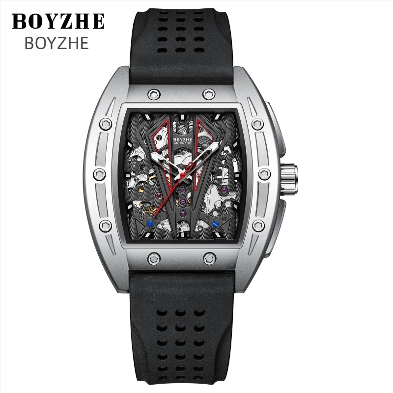 Boyzhe csontvázas Tourbillon automata mechanikus óra, átlátszó hátsó, 30 m vízálló, rozsdamentes acél szíj