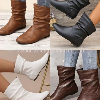 PU felsőrészű plisírozott bokacsizma, kerek orrú, slip-on, lapos széles sarok
