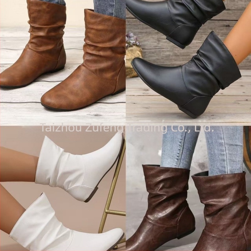PU felsőrészű plisírozott bokacsizma, kerek orrú, slip-on, lapos széles sarok