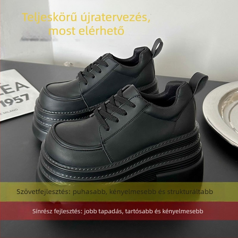 Női magasságnövelő cipő ultranagy vastag talppal, 10 cm emelés, fűzős, kerek orr, felső rész: szuper rost, talp: gumi