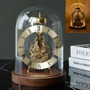 Diófából készült ébresztőóra éjszakai világítással — ugró másodperces mozgás, elemről működik, üvegezett tok, fém számlap