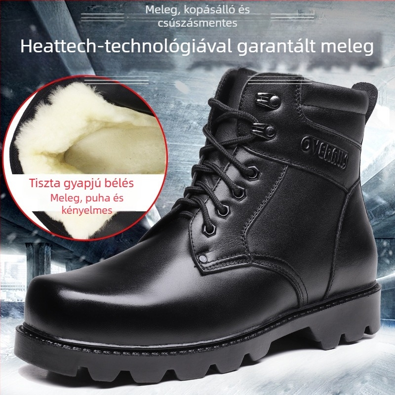 Férfi katonai magas szárú téli bakancs, felső része valódi bőr, gumírozott talp, gyapjú bélés, katonai stílus