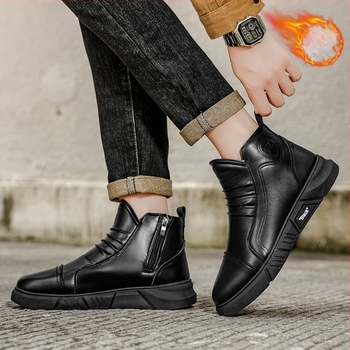 Férfi PU bőr Martin csizma fleece béléssel, oldalsó cipzárral, gumitalppal, kerek orrú, 3-5 cm sarok, rövid téli csizma
