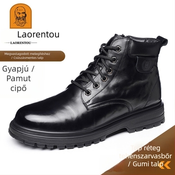Férfi téli bőrpapucs gyapjú béléssel, slip-on, gumitalp, kerek orr