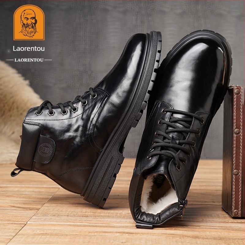 Férfi téli bőrpapucs gyapjú béléssel, slip-on, gumitalp, kerek orr