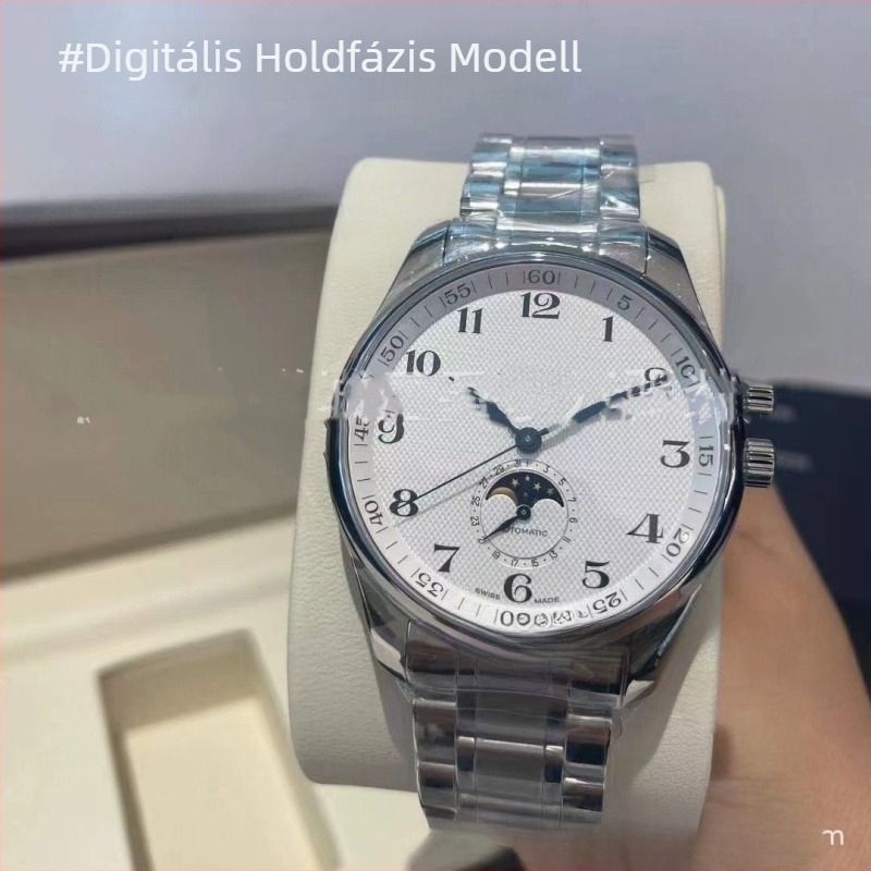 Férfi mechanikus karóra kalendáriummal és holdfázissal, rozsdamentes acél tokkal és karkötővel, 39 mm-es számlap