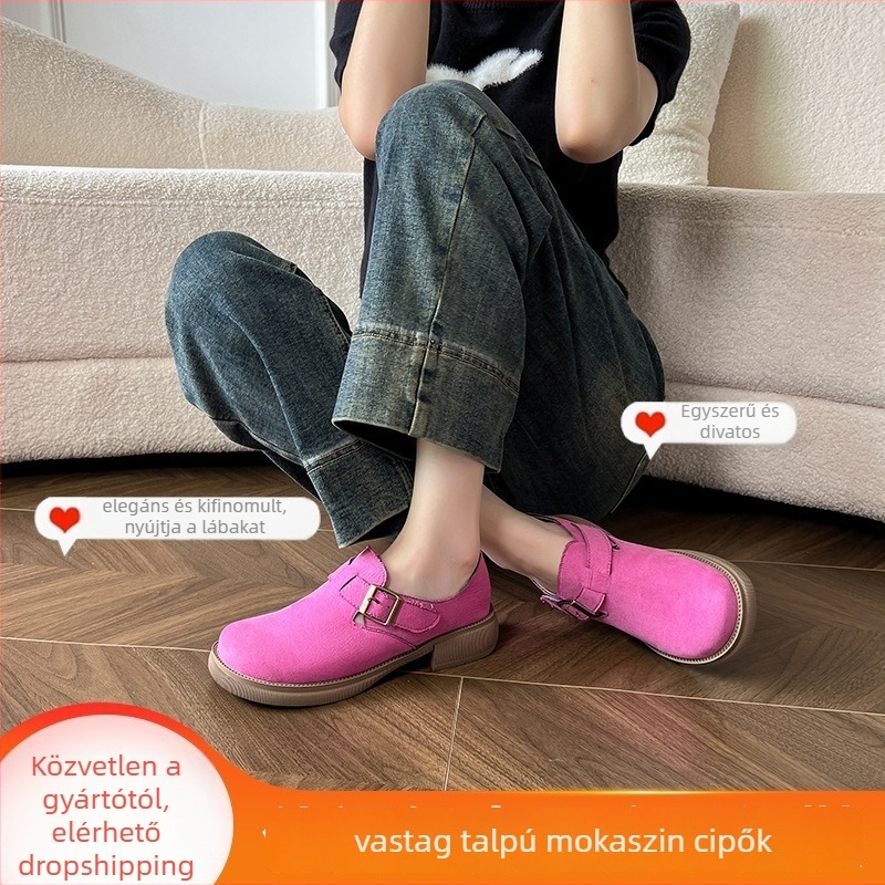 Női slip-on loaferek, vastag talppal, magasságot növelő, kerek orr, alacsony felsőrész, mindennapi cipő