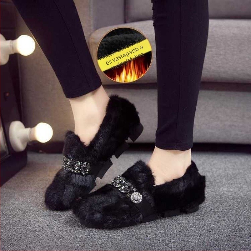 Téli plüss loaferek kerek orral, mesterséges plüss felsőrész, pamutbélés, TPR talp, slip-on kivitel