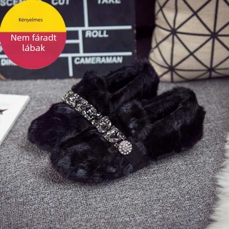 Téli plüss loaferek kerek orral, mesterséges plüss felsőrész, pamutbélés, TPR talp, slip-on kivitel